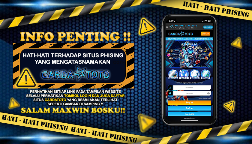 Peringatan penting terhadap situs phishing yang mengatasnamakan Gardatoto. Ilustrasi menampilkan tampilan resmi aplikasi Gardatoto di smartphone, dengan himbauan hati-hati terhadap link palsu. Pastikan pengguna memeriksa tombol login dan daftar yang valid seperti gambar resmi Gardatoto. Tema visual menggunakan warna hitam, kuning, dan biru untuk penekanan peringatan keamanan digital. Teks 'Salam Maxwin Bosku' turut ditampilkan untuk menarik perhatian pengguna aktif platform Gardatoto